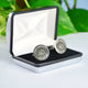 Personalised milestone 40th year birthday cufflinks with name and date engraved around the top and bottom, shown in silver chrome rectangle cufflinks box.