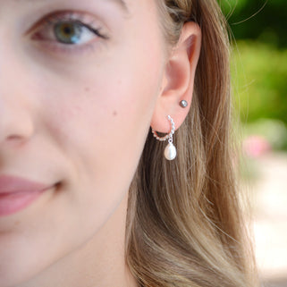 Silver Beaded Hoop With Pearl Drop Earrings