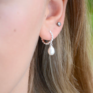 Silver Beaded Hoop With Pearl Drop Earrings