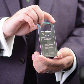 Bottle Opener with "Anthony Best Man Best Mate 23.023.25" engraved personalised message shown being held by model