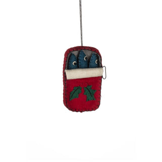 felt sardine tin with three sardines in red tin tree decoration