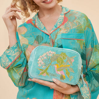 Velvet Embroidered Hummingbird Design Make Up Bag Aqua