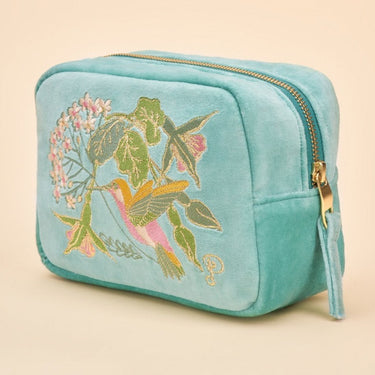 Velvet Embroidered Hummingbird Design Make Up Bag Aqua