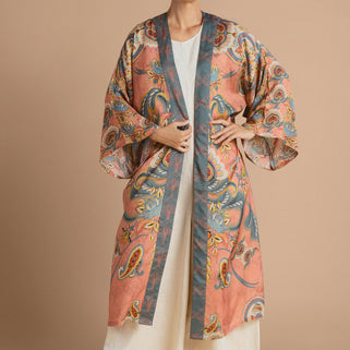 Mediterranean Paisley Long Kimono Coral