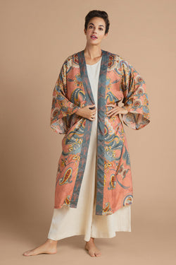 Mediterranean Paisley Long Kimono Coral