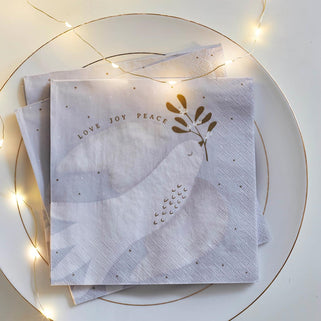 white christmas paper napkins with dove and mistletoe in mouth design. pack of 20