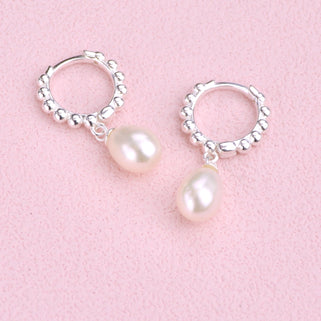 Silver Beaded Hoop With Pearl Drop Earrings