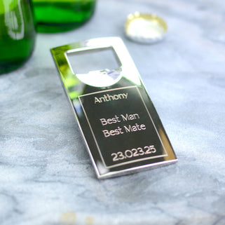 Bottle Opener with "Anthony Best Man Best Mate 23.023.25" engraved personalised message shown in close up