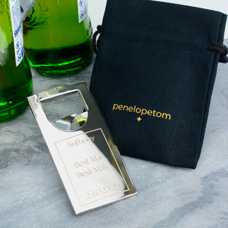 Bottle Opener with "Anthony Best Man Best Mate 23.023.25" engraved personalised message shown in close up shot next too penelopetom linen pouch