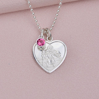 Personalised St Christopher Heart Birthstone Necklace