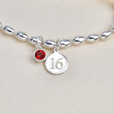 Personalised Silver Birthday Birthstone Bracelet with Number 16 and July Birthstone