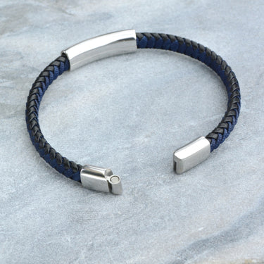 Personalised Men's Leather And Cotton Sliding Bar Bracelet showing magnetic claps fastening