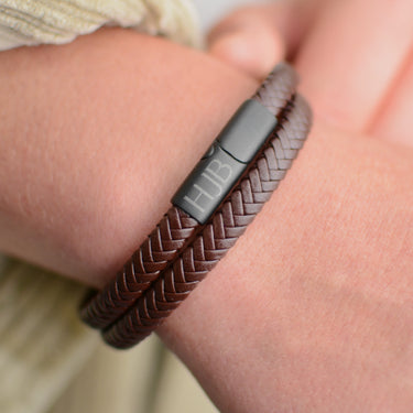 Personalised Men's Recycled Leather Double Wrap Bracelet in brown shown close up on model