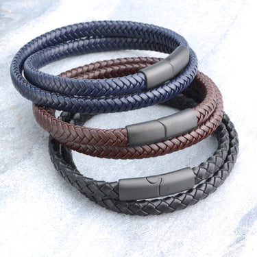 Personalised Men's Recycled Leather Double Wrap Bracelet showing colour choices - black, brown and blue shown close up