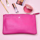 Personalised Monogram Small Leather Cosmetics Bag shown close up in fuchsia