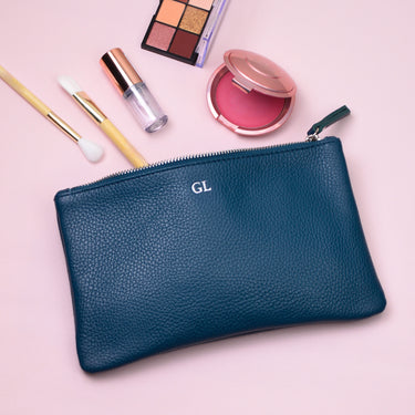 Personalised Monogram Small Leather Cosmetics Bag shown close up in navy