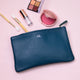 Personalised Monogram Small Leather Cosmetics Bag shown close up in navy