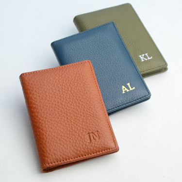 Tan, Blue and Olive perosnlaised men's leather card holder wallet showing detail and range of monogram choices