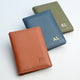 Tan, Blue and Olive perosnlaised men's leather card holder wallet showing detail and range of monogram choices