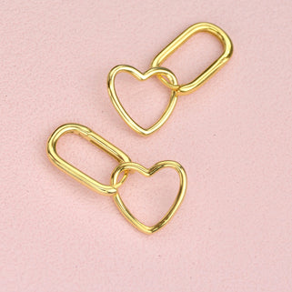 Gold Heart Shape Drop Hoop Earrings shown close up