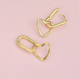 Gold Heart Shape Drop Hoop Earrings shown close up