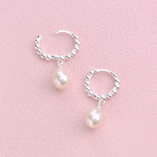 Silver Beaded Hoop With Pearl Drop Earrings