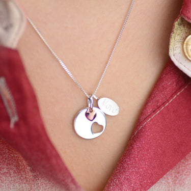 Personalised Double Heart Necklace shown close up on model