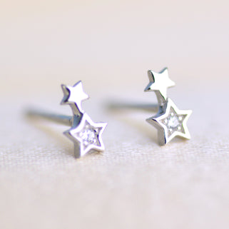 Sterling Silver CZ Mini Double Star Stud Earrings