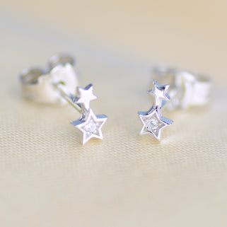 Sterling Silver CZ Mini Double Star Stud Earrings