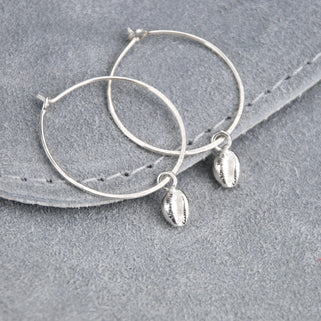 Sterling Silver Cowrie Shell Drop Hoop Earrings