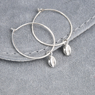 Sterling Silver Cowrie Shell Drop Hoop Earrings