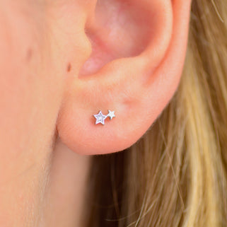 Sterling Silver CZ Mini Double Star Stud Earrings