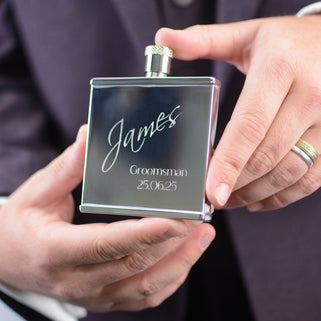 Slim Groomsman Hip Flask shown close up with model