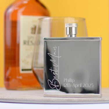 Engraved Slim best Man hip flask shown close up