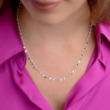 Personalised Silver Star Cluster Necklace shown close up on model