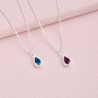 Girl's Sterling Silver Teardrop Birthstone Charm Necklace on ball chain with December and January birthstone