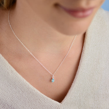 Sterling Silver Mini Teardrop Birthstone Charm Necklace showing March birthstone