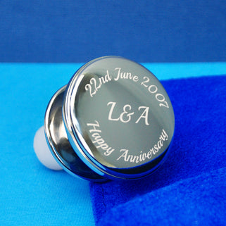 Anniversary Wine Bottle Stopper with personalised "22nd June 2007" engraved at the top "Happy Anniversary" engraved at the bottom and "L&A" engraved in the middle