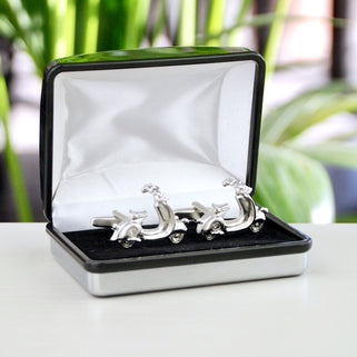 Silver scooter cufflinks shown in silver chrome Penelopetom cufflinks box